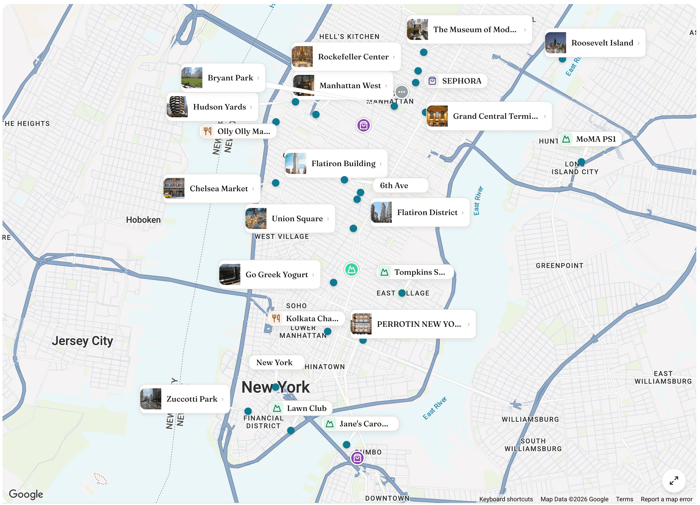 Nowy map of New York showing places as photo cards