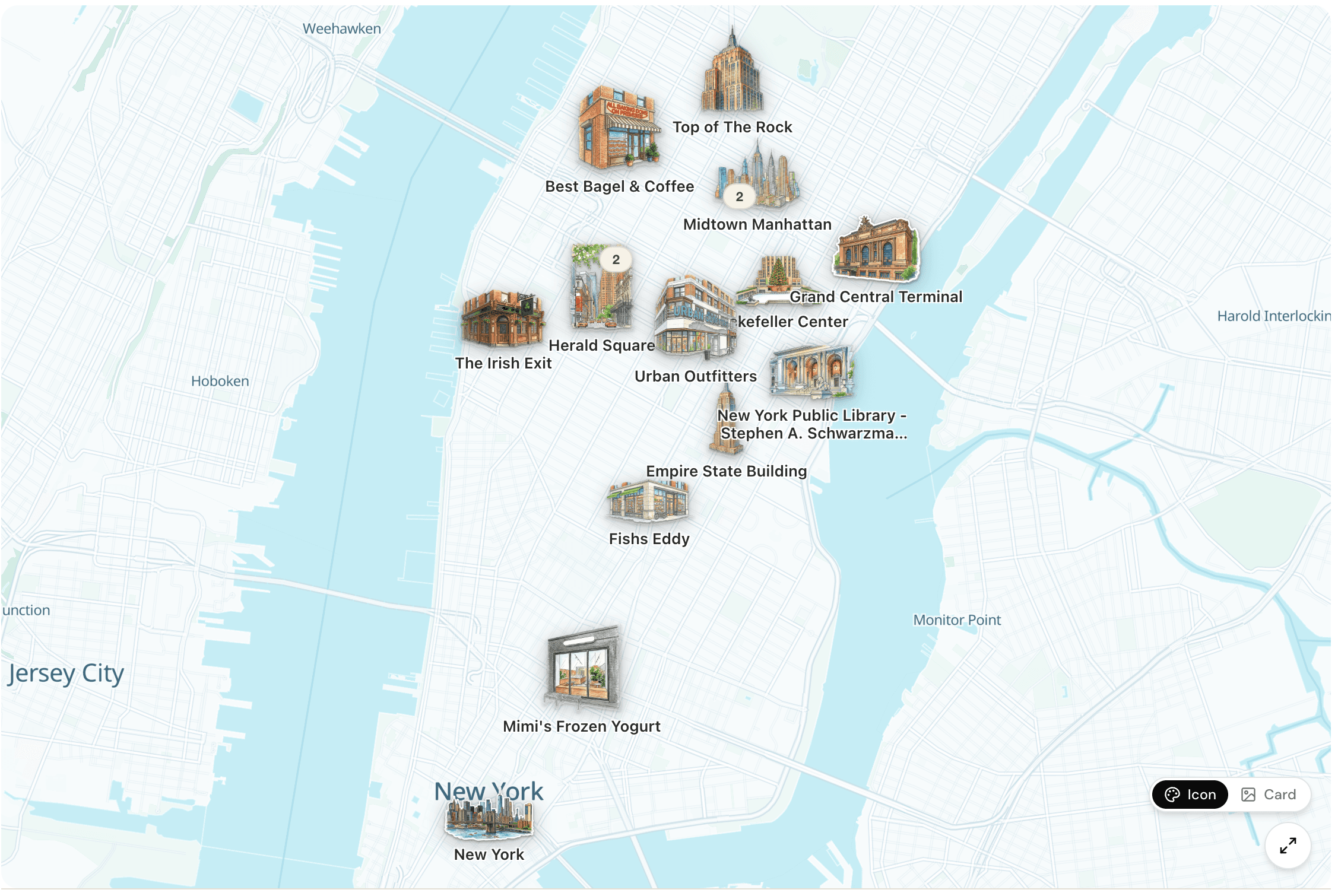 The same map with hand-painted icons in place of the cards